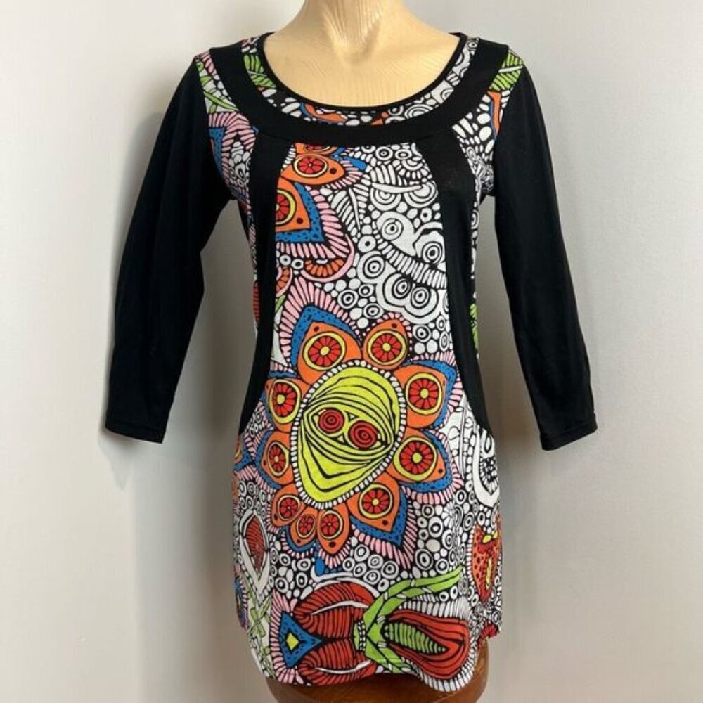 Oze Women’s Medium Psychedelic Bohemian Art to Wear Mini 3/4 Sleeve Dress Black